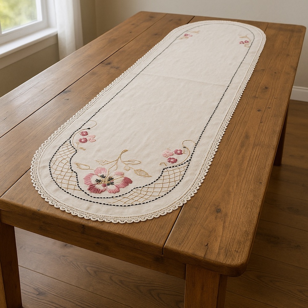 Linen Embroidered Floral Farmhouse Table Runner Oval Pink Handmade